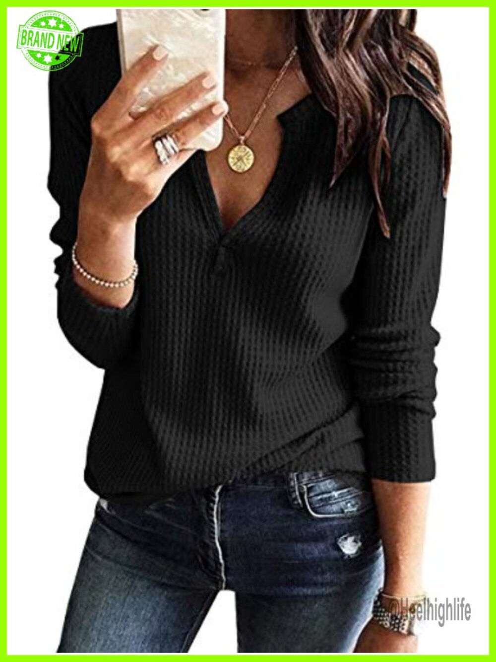V Neck Waffle Knit Long Sleeve Sweater Pullover Tops